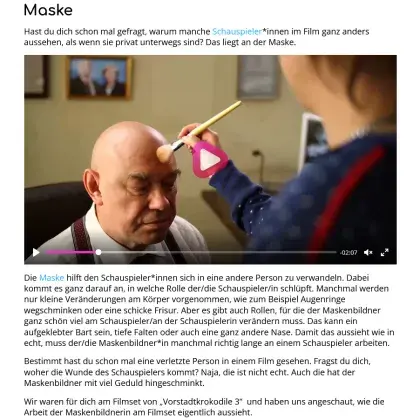 Man sieht einen Text und ein Bild mit einer Maskenbildnerin.